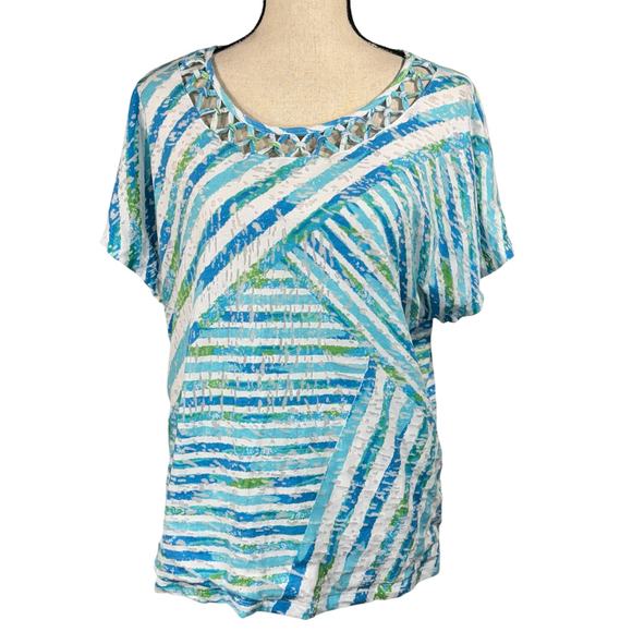 Alfred Dunner Large Top Abstract Burnout Lined Round Neck Dolman Sleeves Blue - Picture 1 of 8